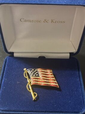 Camrose & Kross Gold American Flag Pin with Red, White & Blue Crystals